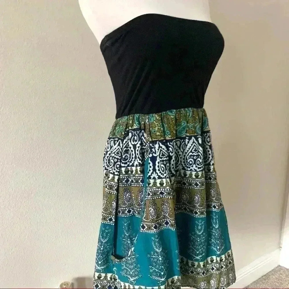 Wet Seal turquoise boho print strapless mini dress - Picture 2 of 4